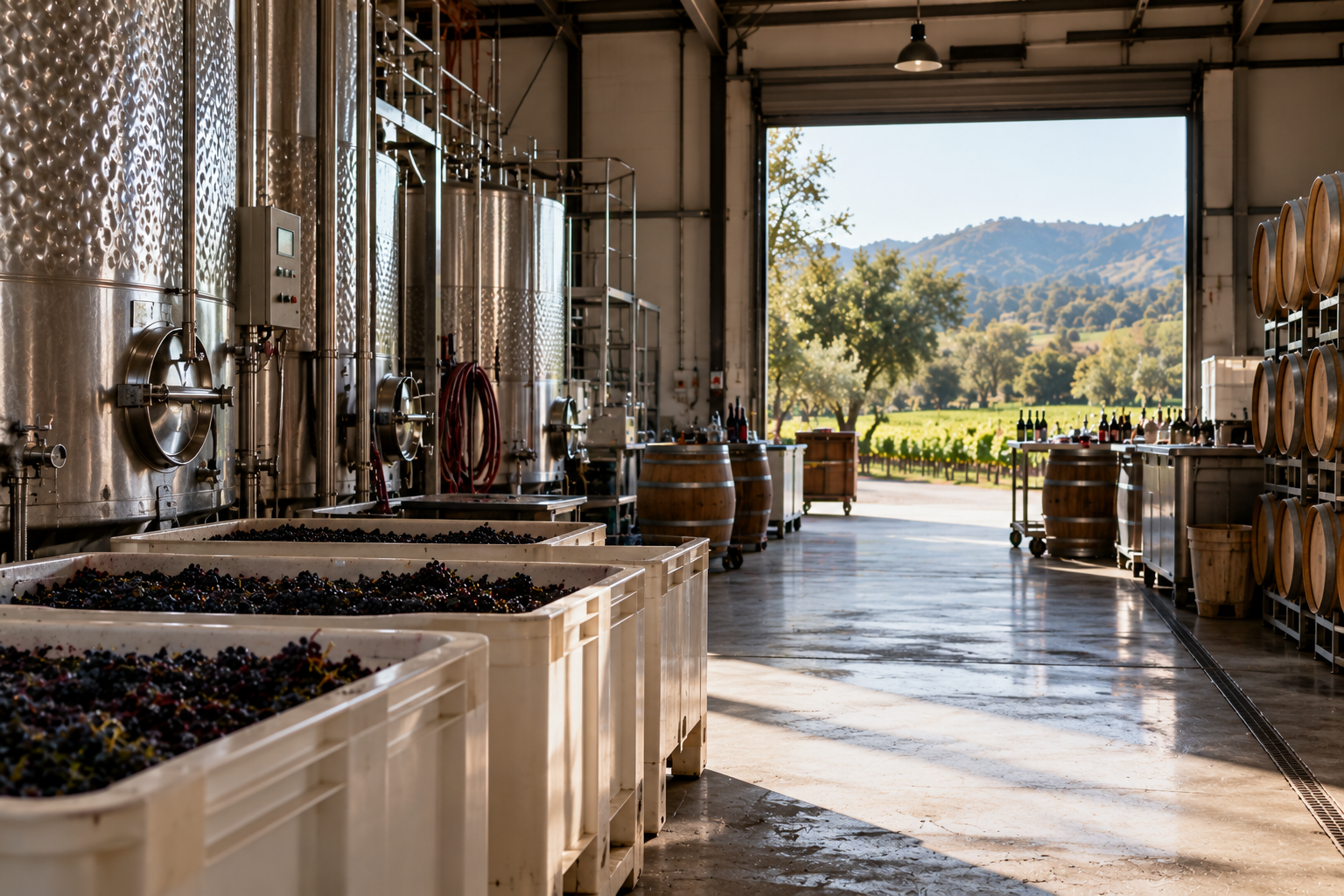 Winemaking team evaluating vintage barrels in cellar