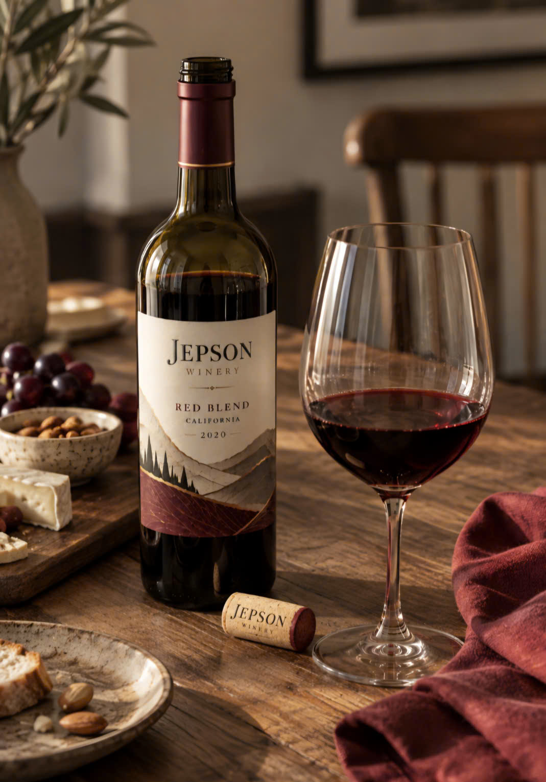 Jepson wine collection bottles on stone pedestal